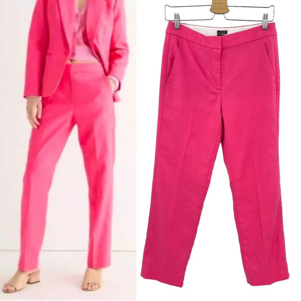 J. Crew Petite Kate Straight-Leg Pant in Stretch Linen Blend Hot Pink Size 4P